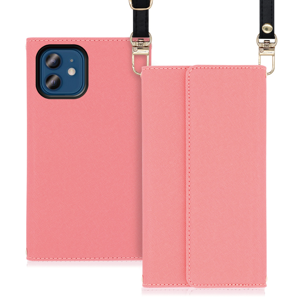 LOOF Strap Series iPhone 12 / 12 Pro 用 [ピンク] 両手が使える ネックストラップ ショルダー ロングストラップ付きケース カード収納 幅広ポケット