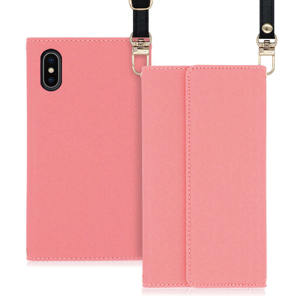 LOOF Strap iPhone X / XS 用 [ピンク] 両手が使える ネックストラップ ショルダー ロングストラップ付きケース カード収納 幅広ポケット