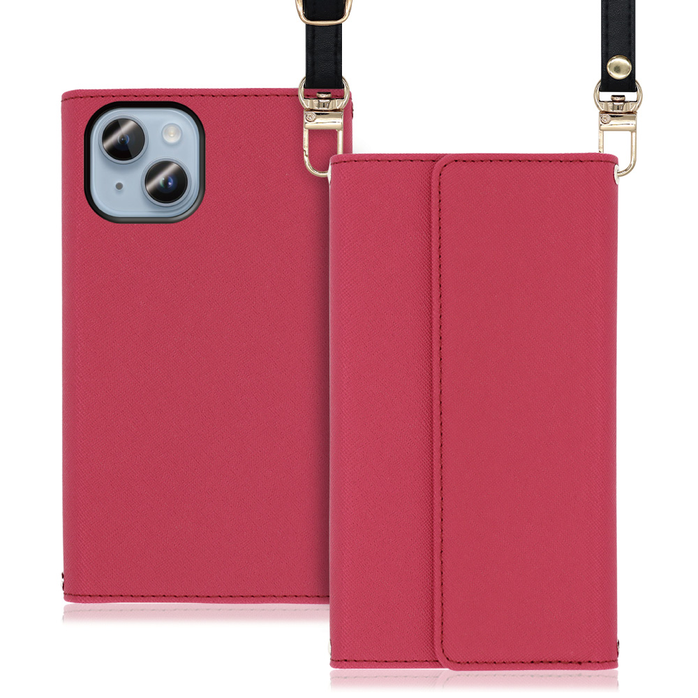LOOF Strap Series iPhone 14 Plus 用 [ダスティローズ] 両手が使える ネックストラップ ショルダー ロングストラップ付きケース カード収納 幅広ポケット