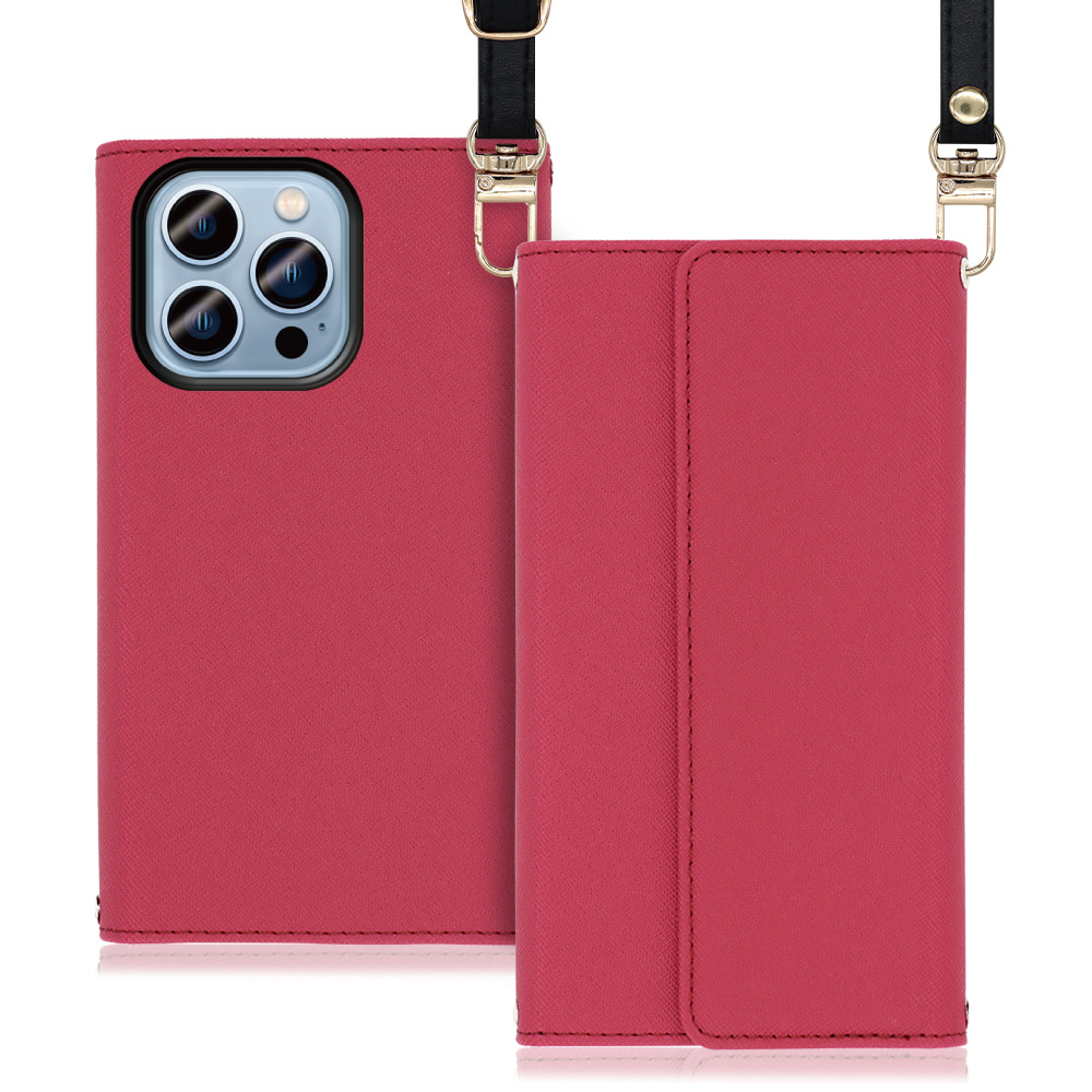 LOOF Strap Series iPhone 14 Pro 用 [ダスティローズ] 両手が使える ネックストラップ ショルダー ロングストラップ付きケース カード収納 幅広ポケット