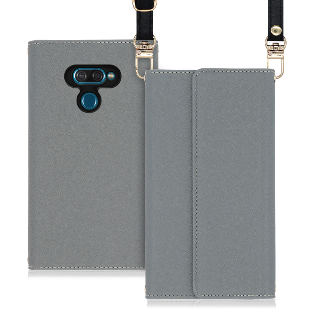 LOOF Strap LG K50 用 [グレー] 両手が使える ネックストラップ ショルダー ロングストラップ付きケース カード収納 幅広ポケット