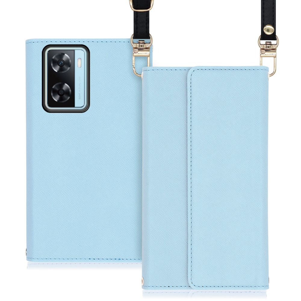 LOOF Strap Series OPPO A77 オッポ 用 [ブルー] 両手が使える ネックストラップ  手帳型ケース ショルダー ロングストラップ付きケース カード収納 幅広ポケット