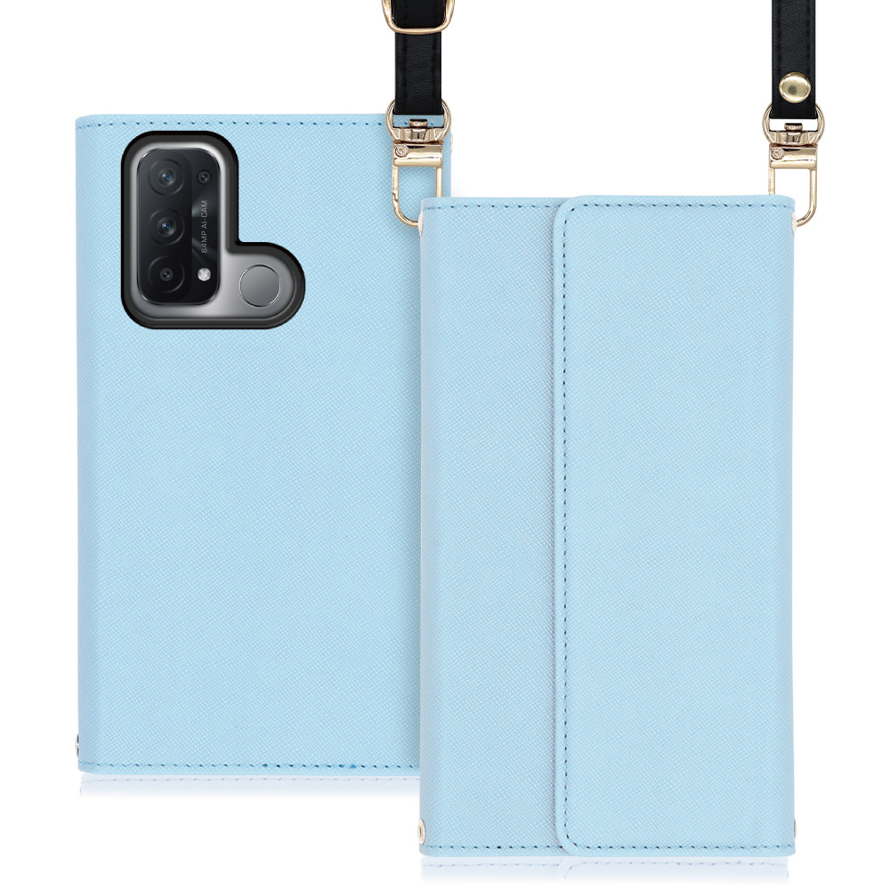 LOOF Strap OPPO Reno5 A 用 [ブルー] 両手が使える ネックストラップ ショルダー ロングストラップ付きケース カード収納 幅広ポケット