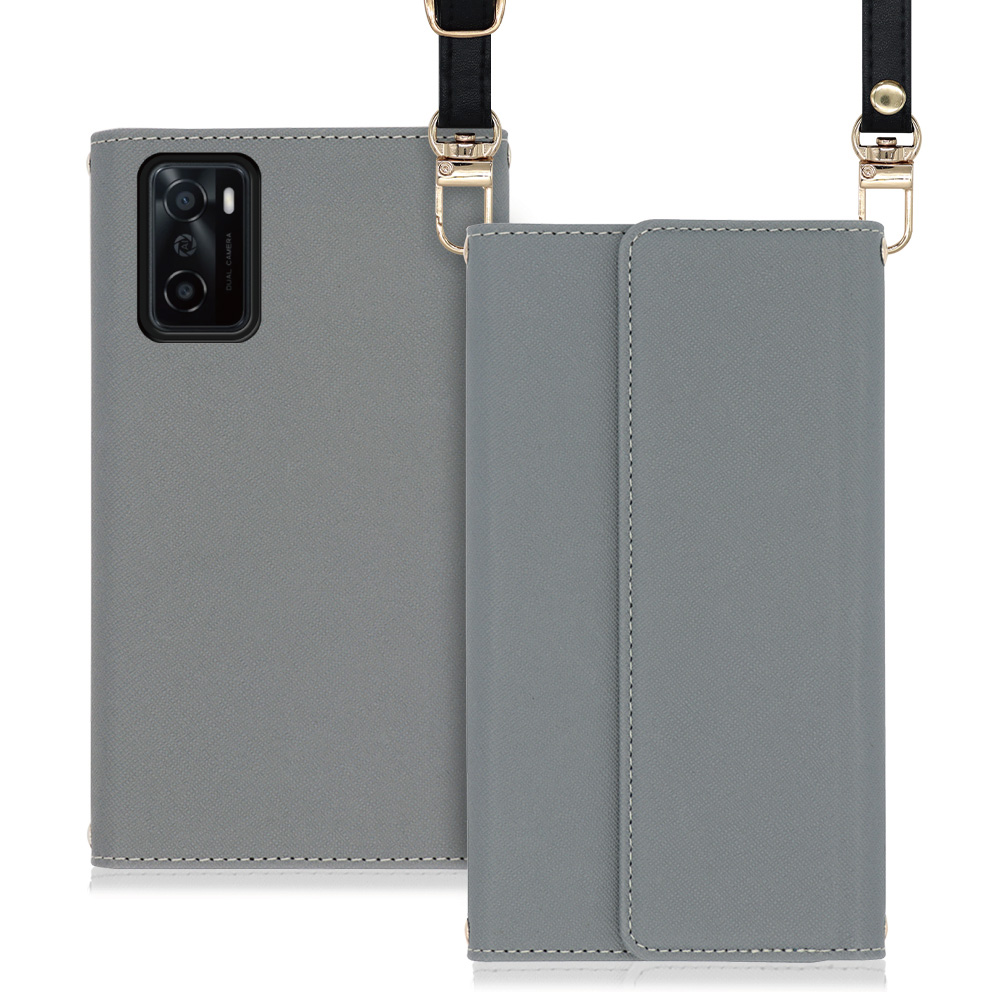 LOOF Strap Series OPPO A55s 5G(CPH2309) 用 [グレー] 両手が使える ネックストラップ ショルダー ロングストラップ付きケース カード収納 幅広ポケット