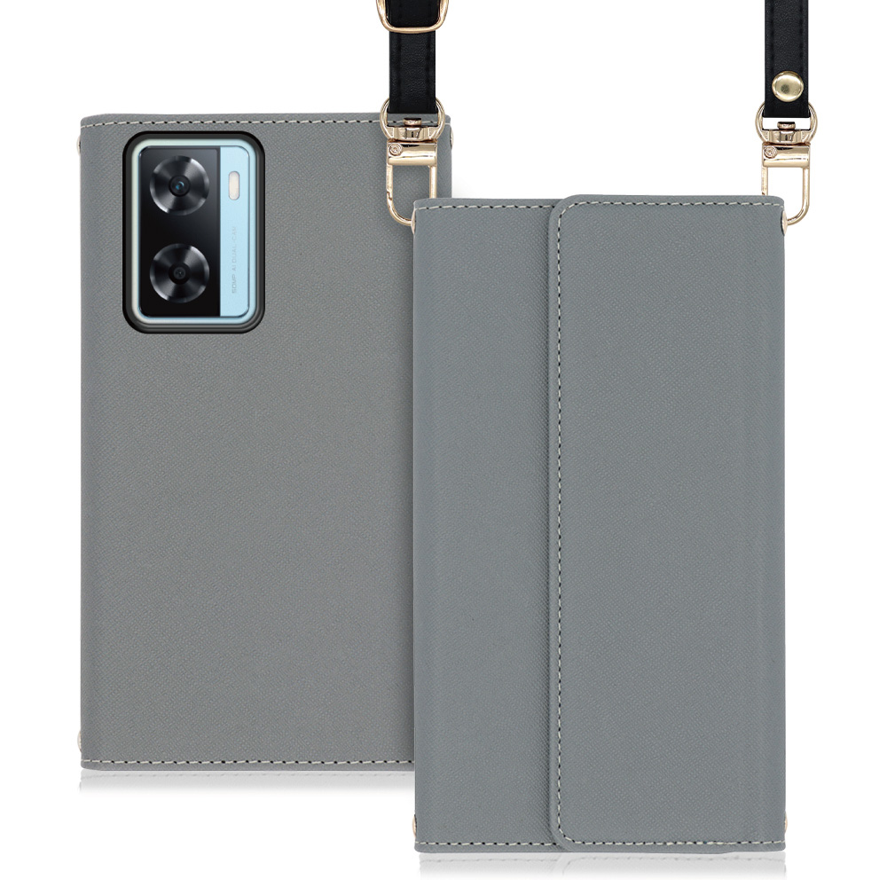 LOOF Strap Series OPPO A77 オッポ 用 [グレー] 両手が使える ネックストラップ  手帳型ケース ショルダー ロングストラップ付きケース カード収納 幅広ポケット