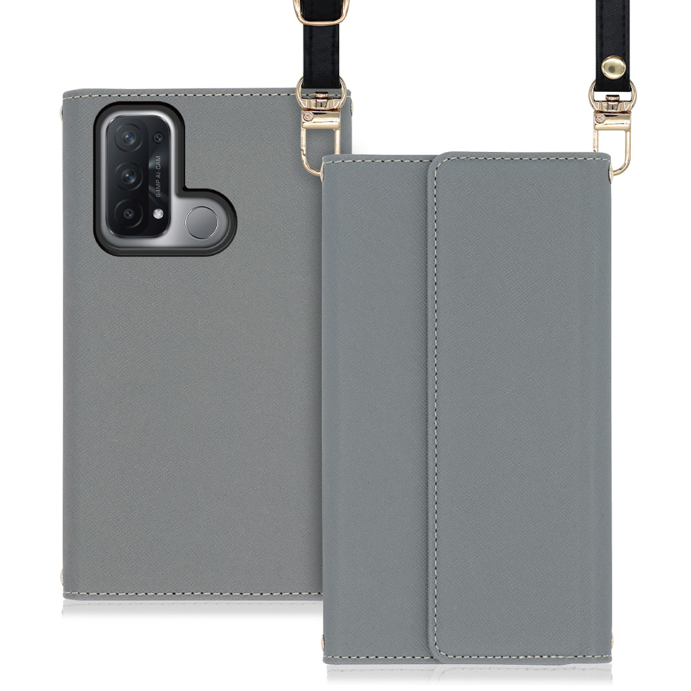 LOOF Strap OPPO Reno5 A 用 [グレー] 両手が使える ネックストラップ ショルダー ロングストラップ付きケース カード収納 幅広ポケット