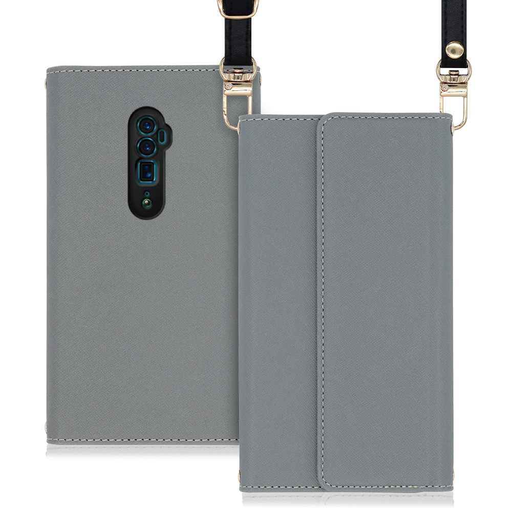 LOOF Strap OPPO Reno 10x Zoom 用 [グレー] 両手が使える ネックストラップ ショルダー ロングストラップ付きケース カード収納 幅広ポケット