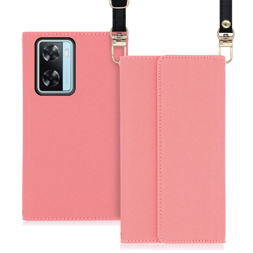 LOOF Strap Series OPPO A77 オッポ 用 [ピンク] 両手が使える ネックストラップ  手帳型ケース ショルダー ロングストラップ付きケース カード収納 幅広ポケット