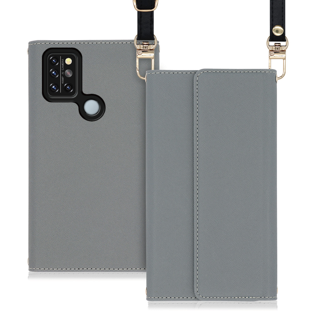 LOOF Strap UMIDIGI A9 Pro 用 [グレー] 両手が使える ネックストラップ ショルダー ロングストラップ付きケース カード収納 幅広ポケット