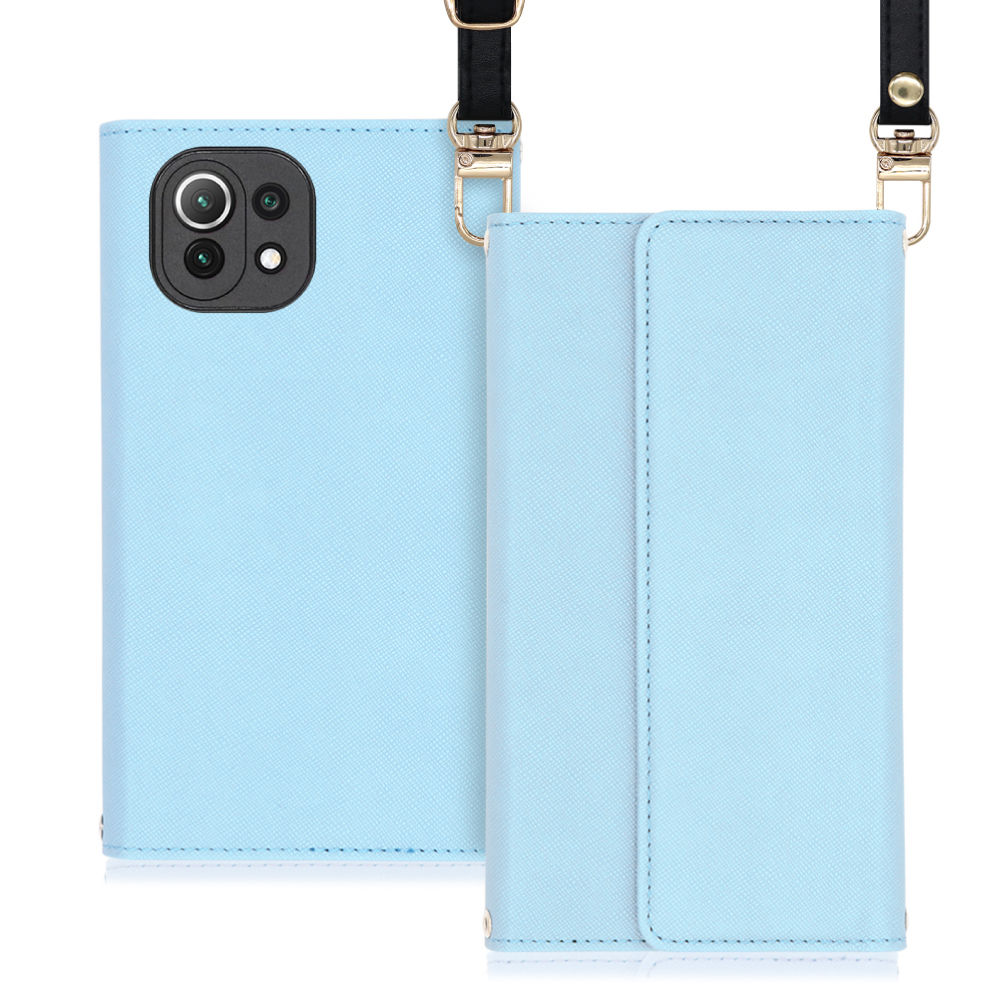 LOOF Strap Xiaomi Mi 11 lite 5G 用 [ブルー] 両手が使える ネックストラップ ショルダー ロングストラップ付きケース カード収納 幅広ポケット