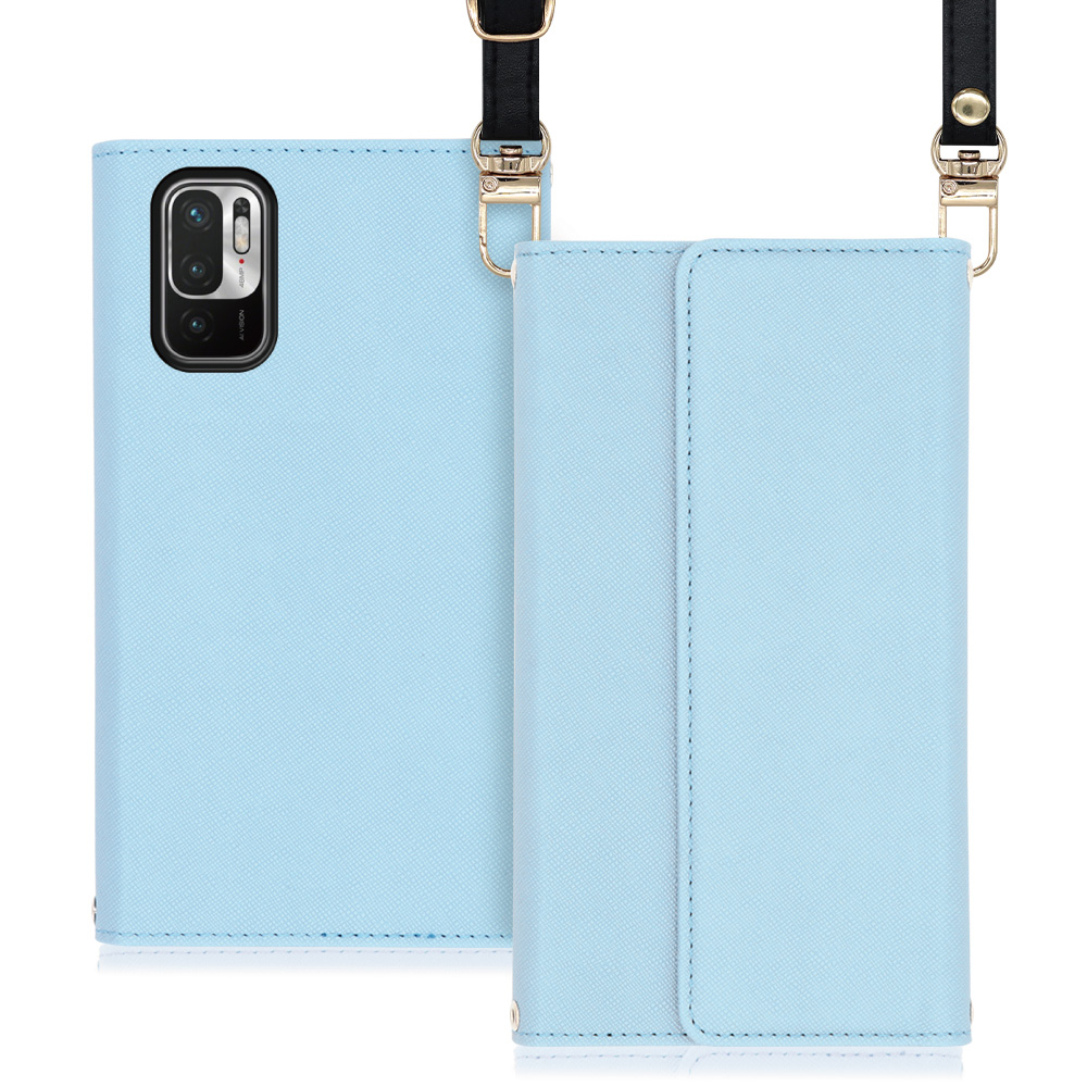 LOOF Strap Xiaomi Redmi Note 10T / Xiaomi Redmi Note 10 JE / XIG02 用 [ブルー] 両手が使える ネックストラップ ショルダー ロングストラップ付きケース カード収納 幅広ポケット