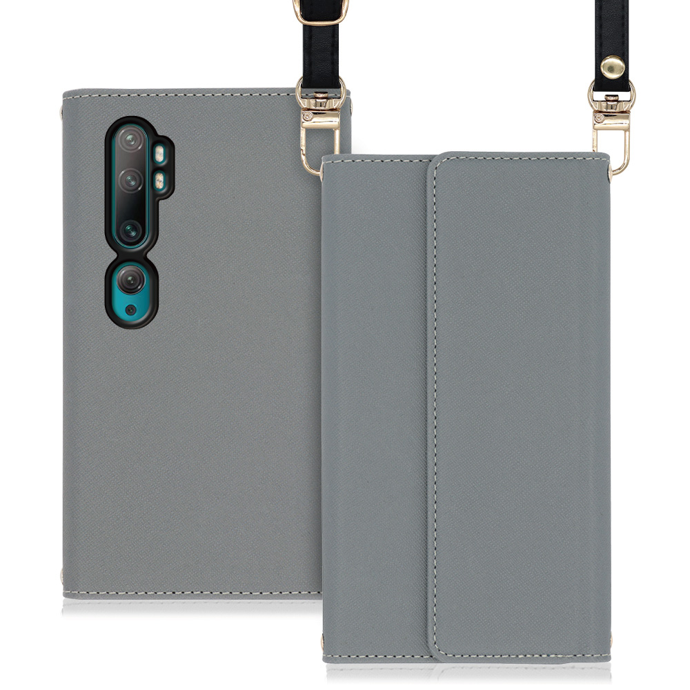 LOOF Strap Xiaomi Mi Note 10 / Mi Note 10 Pro / M1910F4G / M1910F4S 用 [グレー] 両手が使える ネックストラップ ショルダー ロングストラップ付きケース カード収納 幅広ポケット