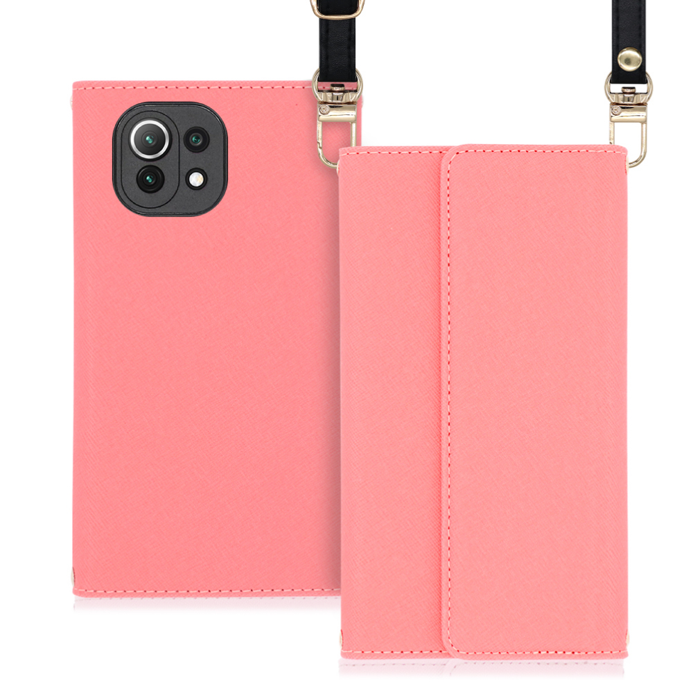 LOOF Strap Xiaomi Mi 11 lite 5G 用 [ピンク] 両手が使える ネックストラップ ショルダー ロングストラップ付きケース カード収納 幅広ポケット