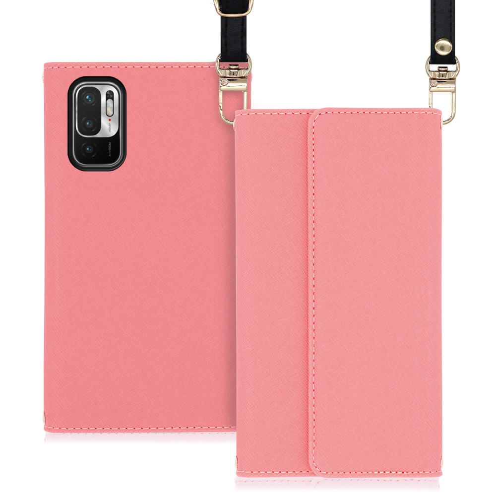 LOOF Strap Xiaomi Redmi Note 10T / Xiaomi Redmi Note 10 JE / XIG02 用 [ピンク] 両手が使える ネックストラップ ショルダー ロングストラップ付きケース カード収納 幅広ポケット