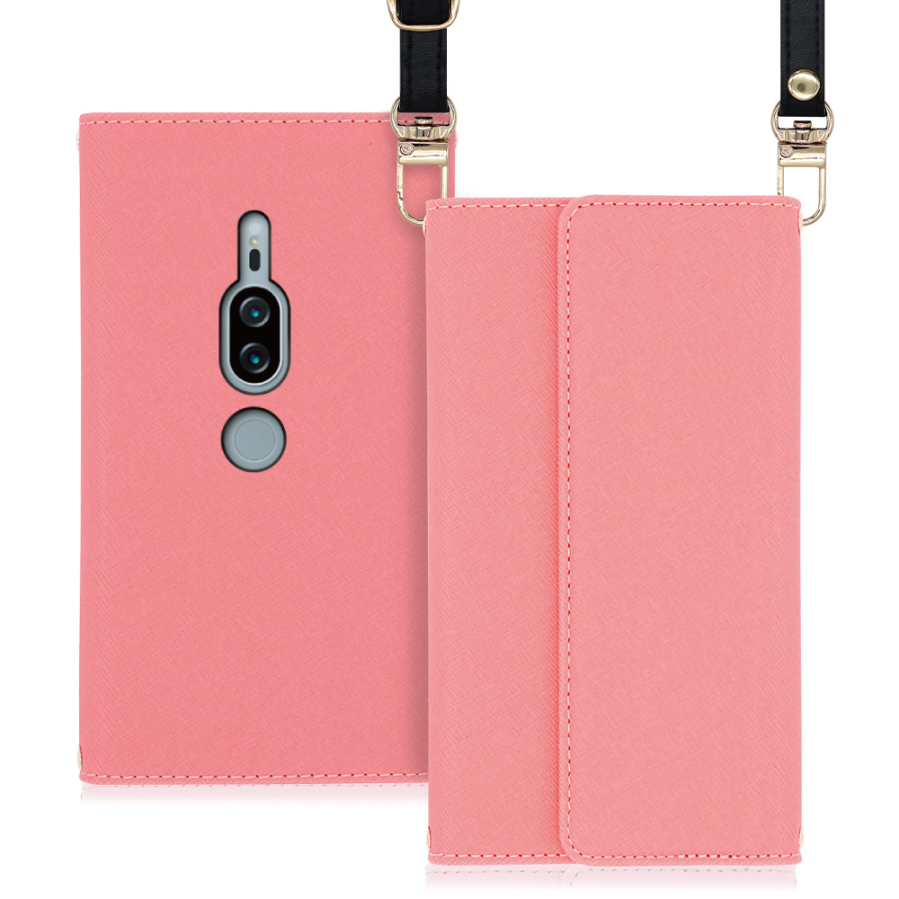 LOOF Strap Xperia XZ2 Premium / SO-04K / SOV38 用 [ピンク] 両手が使える ネックストラップ ショルダー ロングストラップ付きケース カード収納 幅広ポケット