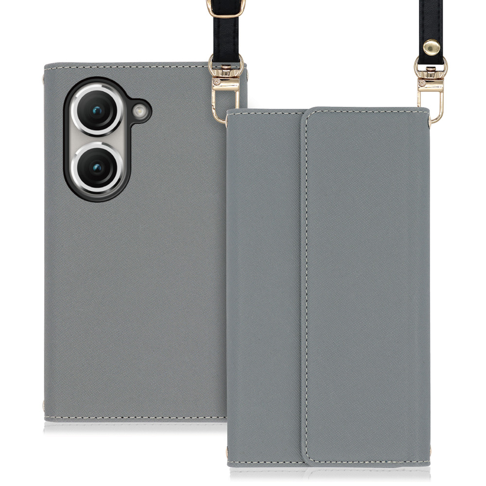 LOOF Strap Series Zenfone 9 用 [グレー] 両手が使える ネックストラップ  手帳型ケース ショルダー ロングストラップ付きケース カード収納 幅広ポケット