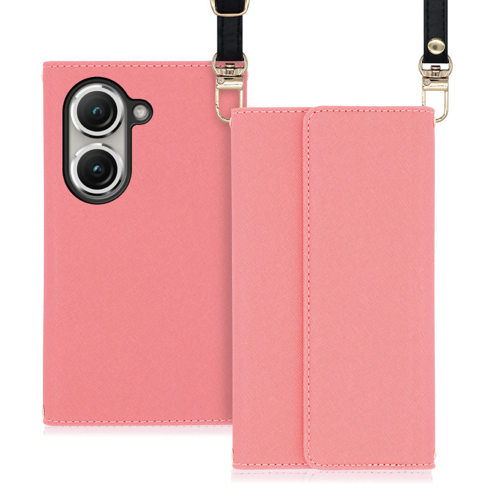 LOOF Strap Series Zenfone 9 用 [ピンク] 両手が使える ネックストラップ  手帳型ケース ショルダー ロングストラップ付きケース カード収納 幅広ポケット