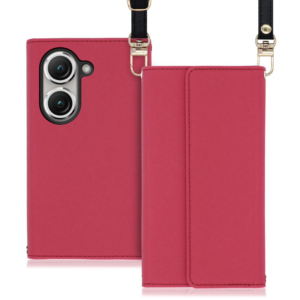 LOOF Strap Series Zenfone 9 用 [ダスティローズ] 両手が使える ネックストラップ 手帳型ケース ショルダー ロングストラップ付きケース カード収納 幅広ポケット