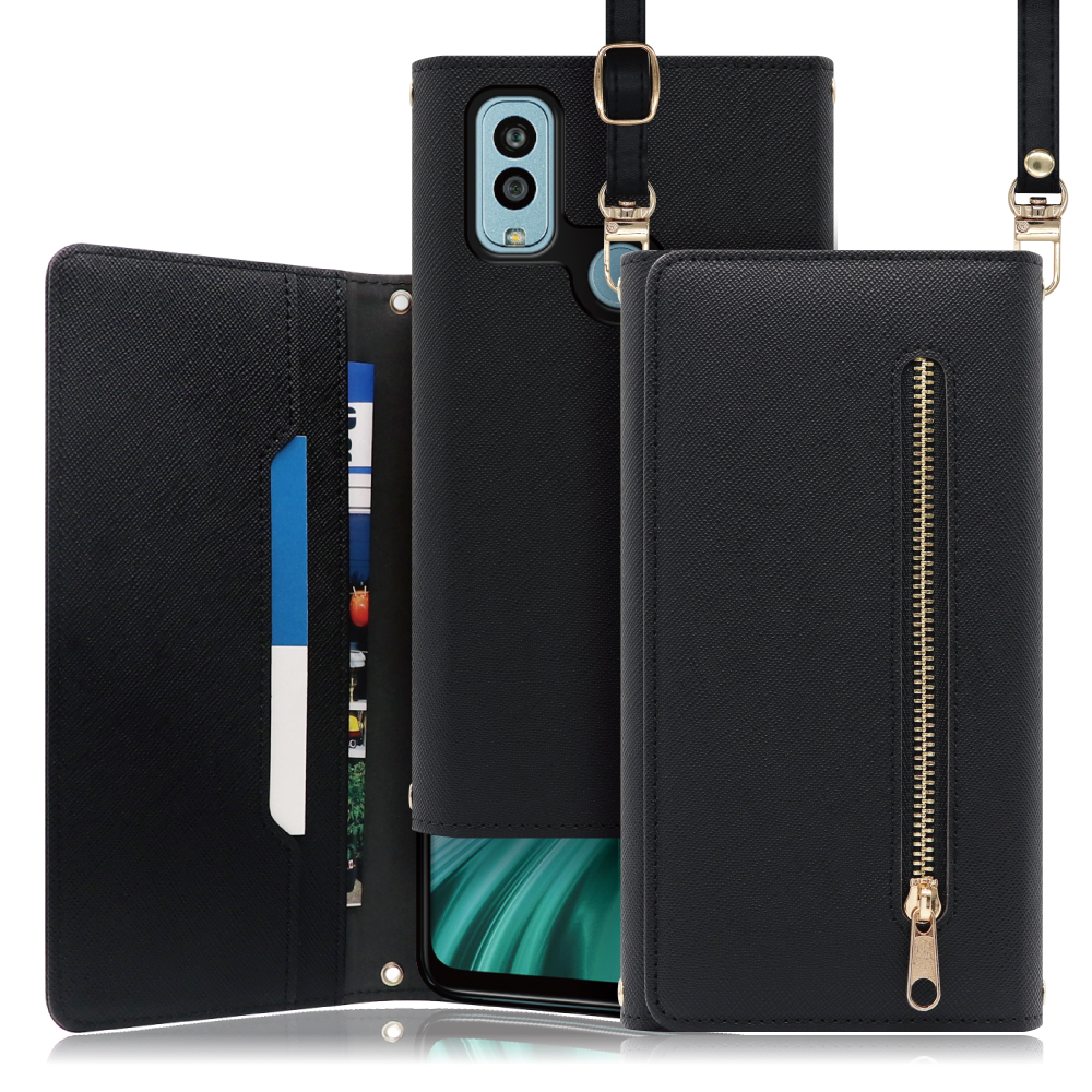 [ LOOF SHOULDER ] Android One S10 / S10-KC androidones10 androidone スマホケース ケース カバー ショルダー スマホショルダー ストラップ 肩掛け 首掛け 手帳型ケース カード収納 マグネット付き ベルトなし [ Android One S10 / ブラック ]