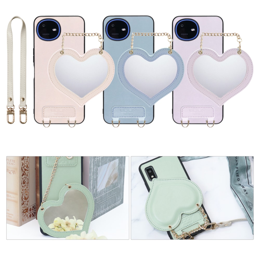 [ LOOF CHARM-SHELL ] AQUOS wish6 SH-M36 スマホケース  ハートのミラーチャーム付き シンプル 背面カバー スマホケース ストラップ付 本革 [ AQUOS wish6 ]