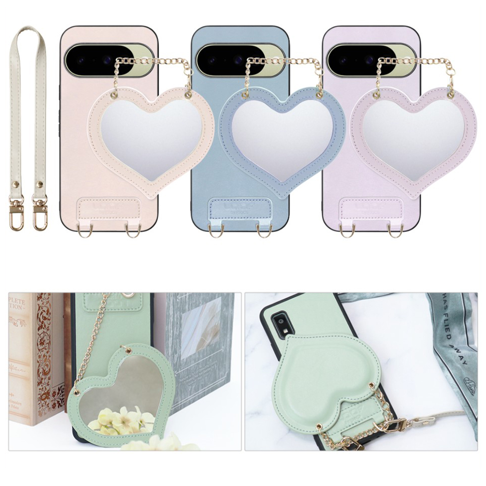 [ LOOF CHARM-SHELL Series ] Google Pixel 10 / 10 Pro Google Pixel10 Pixel10pro ピクセル10 ピクセル10プロ スマホケース  ハートのミラーチャーム付き シンプル 背面カバー スマホケース ストラップ付 本革 [ Google Pixel 10 / 10 Pro ]