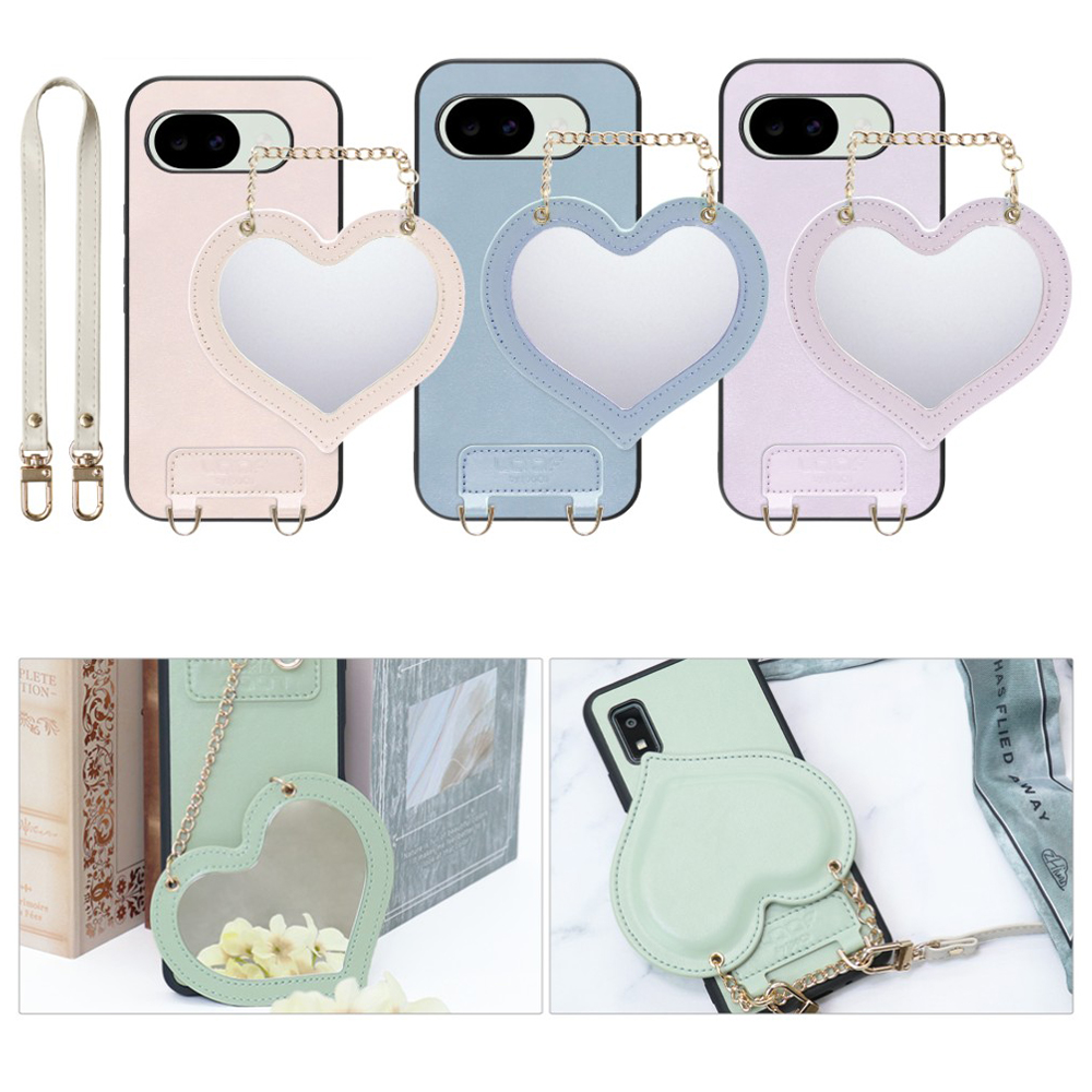 [ LOOF CHARM-SHELL ] Google Pixel 10a グーグル ピクセル スマホケース  ハートのミラーチャーム付き シンプル 背面カバー スマホケース ストラップ付 本革 [ Google Pixel 10a ]