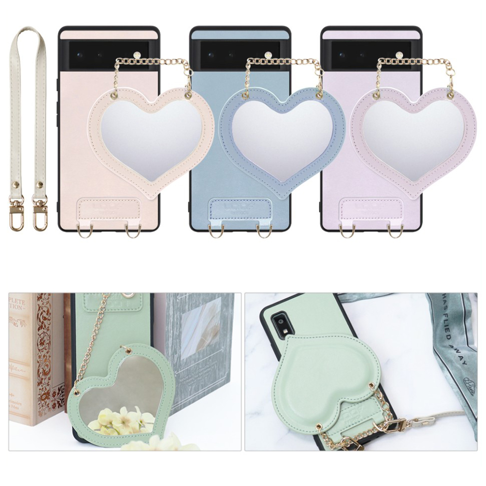 [ LOOF CHARM-SHELL Series ] Google Pixel 6 googlepixel6 pixel6 ピクセル6 スマホケース  ハートのミラーチャーム付き シンプル 背面カバー スマホケース ストラップ付 本革 [ Google Pixel 6 ]
