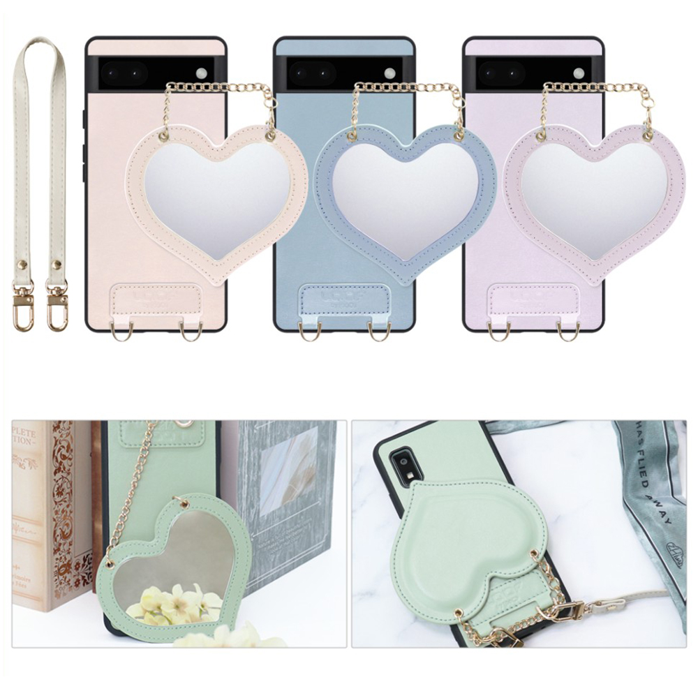 [ LOOF CHARM-SHELL Series ] Google Pixel 6a googlepixel6a pixel6a スマホケース  ハートのミラーチャーム付き シンプル 背面カバー スマホケース ストラップ付 本革 [ Google Pixel 6a ]