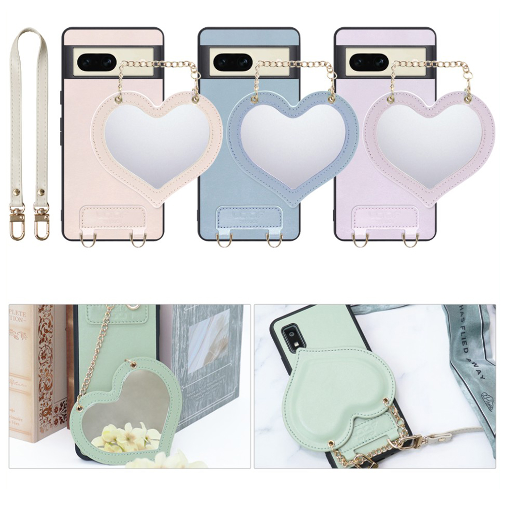[ LOOF CHARM-SHELL Series ] Google pixel 7 googlepixel7 pixel7 ピクセル7 スマホケース  ハートのミラーチャーム付き シンプル 背面カバー スマホケース ストラップ付 本革 [ Google Pixel 7 ]