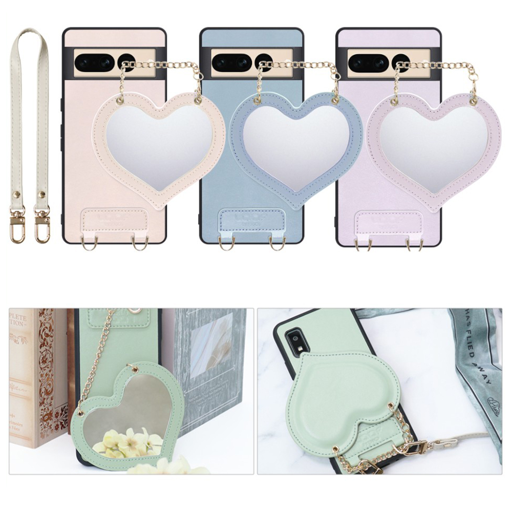 [ LOOF CHARM-SHELL Series ] Google pixel 7 Pro googlepixel7pro 7pro プロ ピクセル7pro スマホケース  ハートのミラーチャーム付き シンプル 背面カバー スマホケース ストラップ付 本革 [ Google Pixel 7 Pro ]