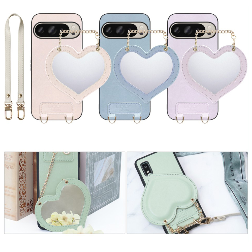 [ LOOF CHARM-SHELL Series ] Google Pixel 9 / 9 Pro Google Pixel9 Pixel9pro ピクセル9 ピクセル9プロ スマホケース  ハートのミラーチャーム付き シンプル 背面カバー スマホケース ストラップ付 本革 [ Google Pixel 9 / 9 Pro ]