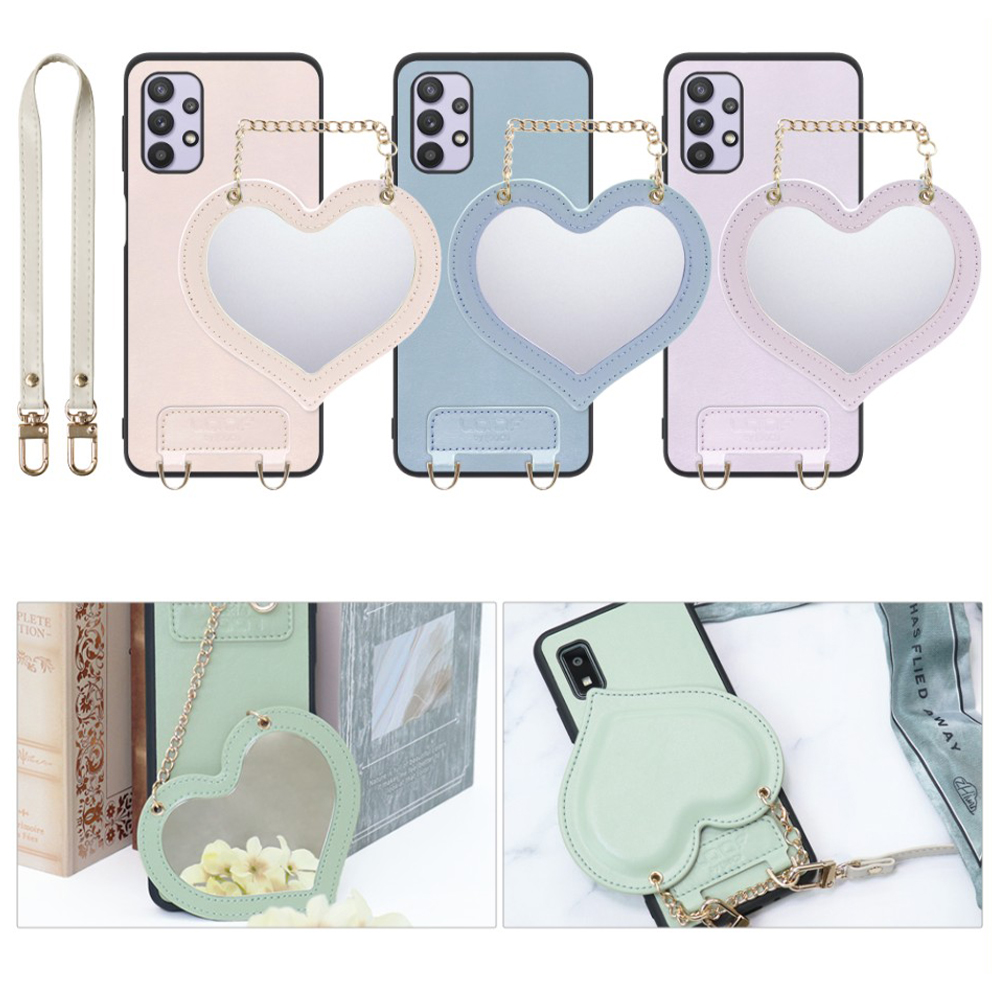 [ LOOF CHARM-SHELL Series ] Galaxy A32 5G SCG08 a325g スマホケース  ハートのミラーチャーム付き シンプル 背面カバー スマホケース ストラップ付 本革 [ Galaxy A32 5G ]