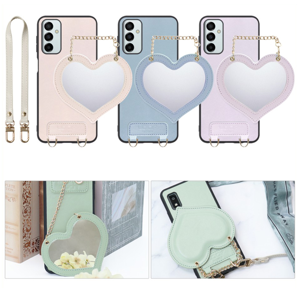 [ LOOF CHARM-SHELL Series ] Galaxy M23 5G m235g スマホケース  ハートのミラーチャーム付き シンプル 背面カバー スマホケース ストラップ付 本革 [ Galaxy M23 5G ]