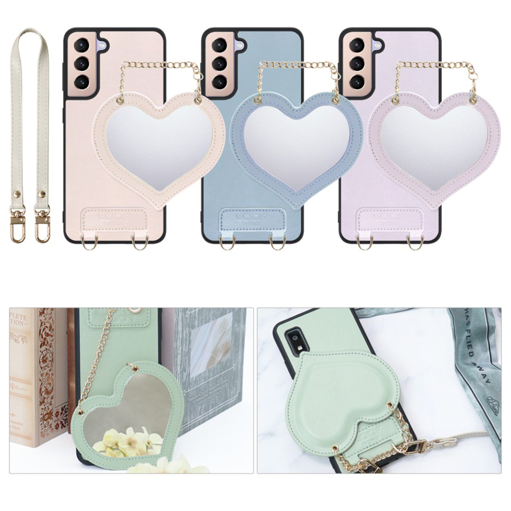 [ LOOF CHARM-SHELL Series ] Galaxy S21 5G SC-51B / SCG09 s215g スマホケース  ハートのミラーチャーム付き シンプル 背面カバー スマホケース ストラップ付 本革 [ Galaxy S21 5G ]