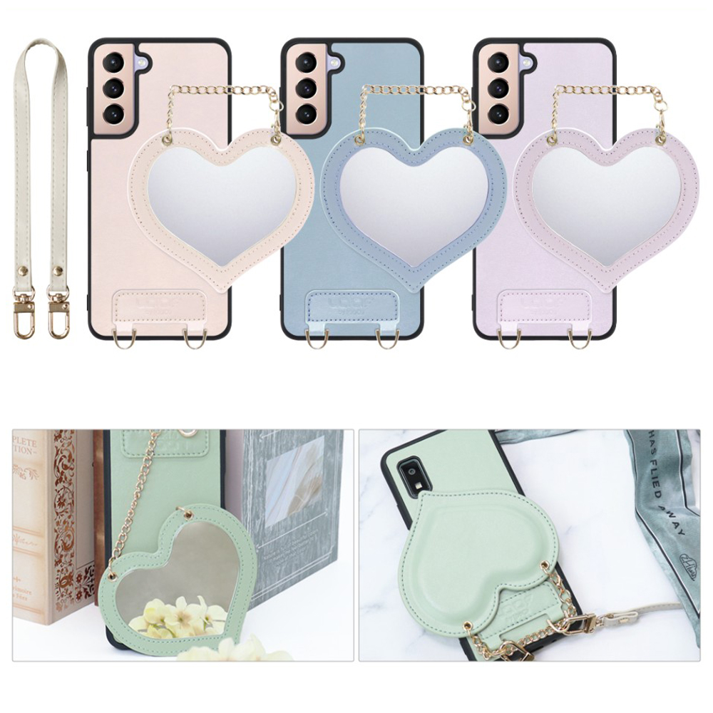 [ LOOF CHARM-SHELL Series ] Galaxy S21+ 5G SCG10 s21plus s21 plus s21plus5g s21+5g スマホケース  ハートのミラーチャーム付き シンプル 背面カバー スマホケース ストラップ付 本革 [ Galaxy S21+ 5G ]
