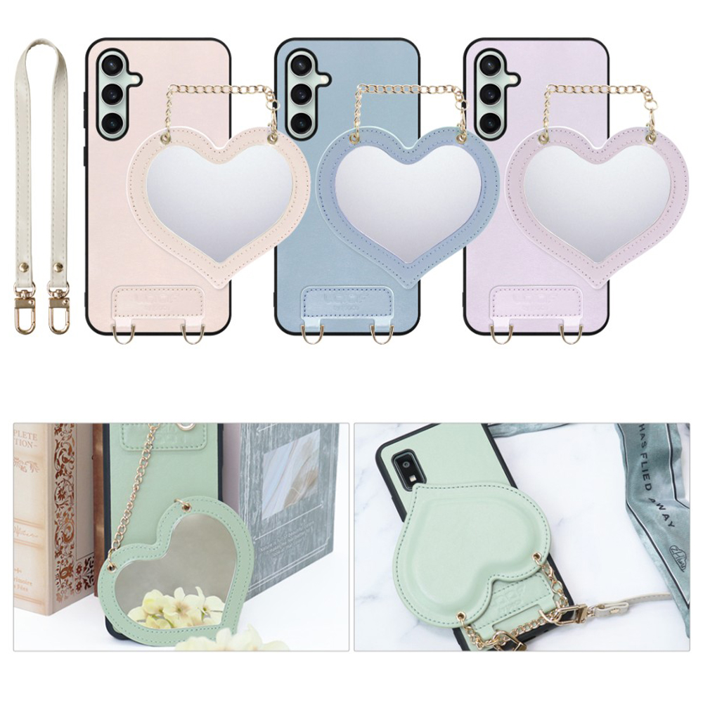 [ LOOF CHARM-SHELL Series ] Galaxy S23 FE s23fe スマホケース  ハートのミラーチャーム付き シンプル 背面カバー スマホケース ストラップ付 本革 [ Galaxy S23 FE ]