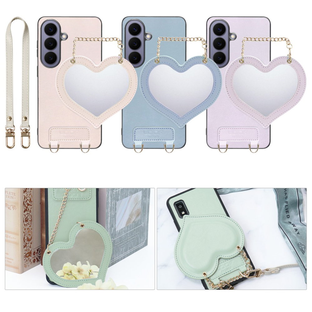 [ LOOF CHARM-SHELL ] Galaxy S26 Samsung SC-51G スマホケース  ハートのミラーチャーム付き シンプル 背面カバー スマホケース ストラップ付 本革 [ Galaxy S26 ]