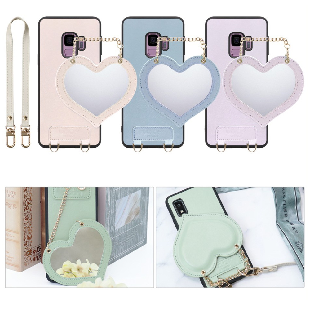[ LOOF CHARM-SHELL Series ] Galaxy S9 SC-02K / SCV38 galaxys9 スマホケース  ハートのミラーチャーム付き シンプル 背面カバー スマホケース ストラップ付 本革 [ Galaxy S9 ]