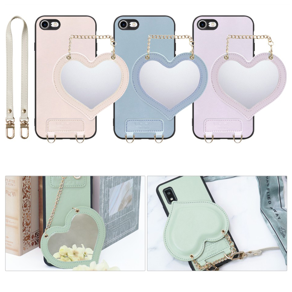 [ LOOF CHARM-SHELL Series ] iPhone 7 / 8 / SE (第2/3世代) iphone7 iphone8 iphonese se2 se3 スマホケース  ハートのミラーチャーム付き シンプル 背面カバー スマホケース ストラップ付 本革 [ iPhone 7 / 8 / SE (第2/3世代) ]