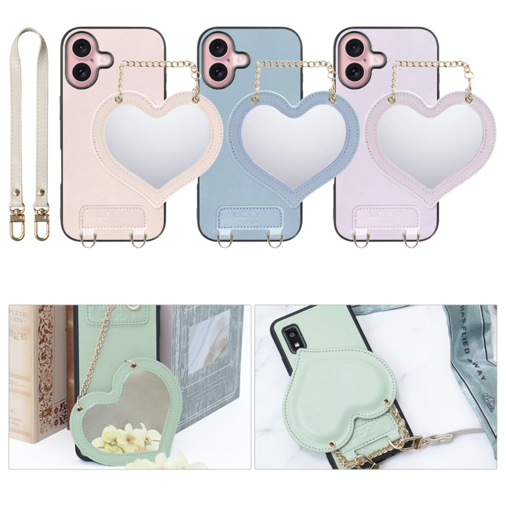 [ LOOF CHARM-SHELL Series ] iPhone 16 iPhone16 アイフォン16 iPhone 16 アイフォン 16 スマホケース  ハートのミラーチャーム付き シンプル 背面カバー スマホケース ストラップ付 本革 [ iPhone 16 ]