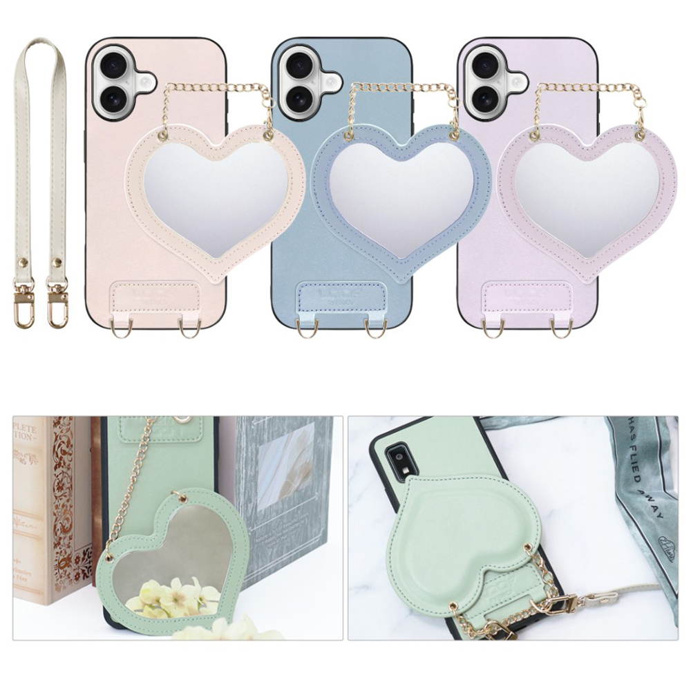 [ LOOF CHARM-SHELL Series ] iPhone 17 iPhone17 アイフォン17 iPhone 17 アイフォン 17 スマホケース  ハートのミラーチャーム付き シンプル 背面カバー スマホケース ストラップ付 本革 [ iPhone 17 用 ]