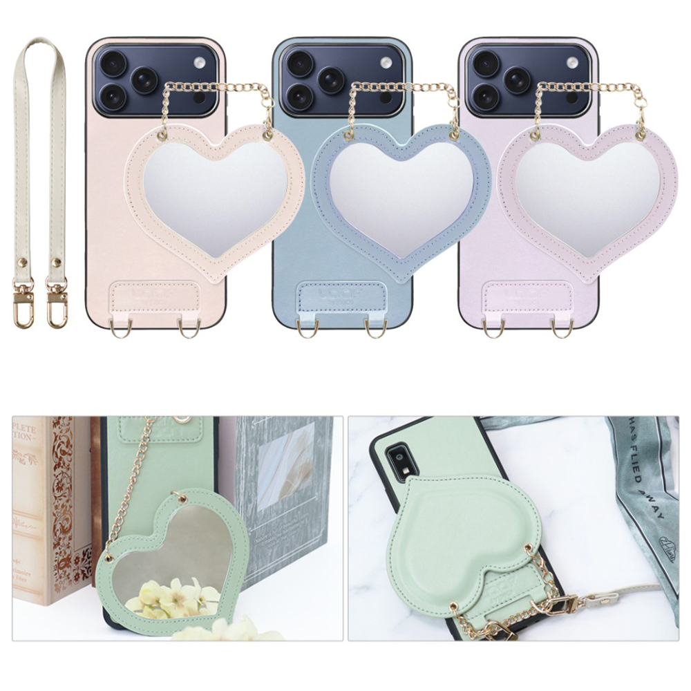 [ LOOF CHARM-SHELL Series ] iPhone 17 Pro Max iPhone17 Pro Max アイフォン17 プロ マックス スマホケース  ハートのミラーチャーム付き シンプル 背面カバー スマホケース ストラップ付 本革 [ iPhone 17 Pro Max 用 ]