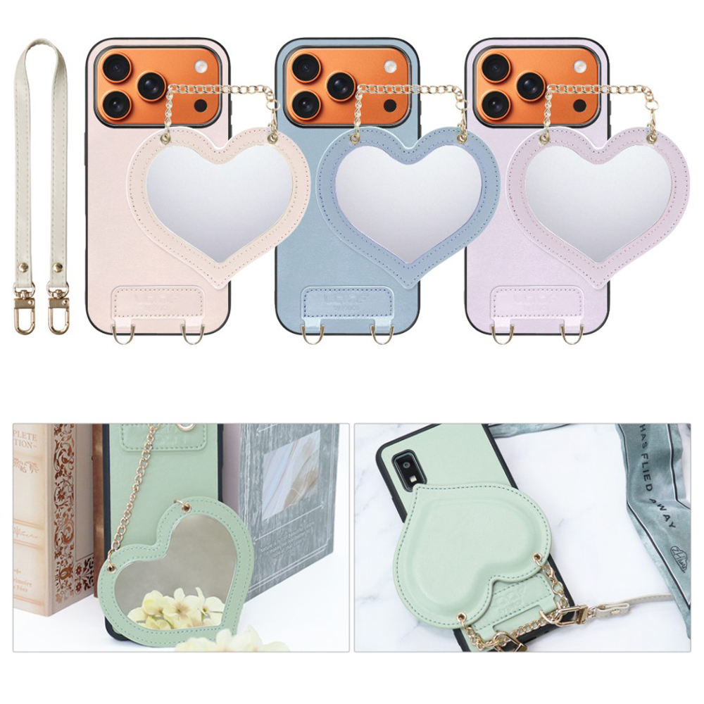 [ LOOF CHARM-SHELL Series ] iPhone 17 Pro iPhone17 Pro アイフォン17 プロ スマホケース  ハートのミラーチャーム付き シンプル 背面カバー スマホケース ストラップ付 本革 [ iPhone 17 Pro 用 ]