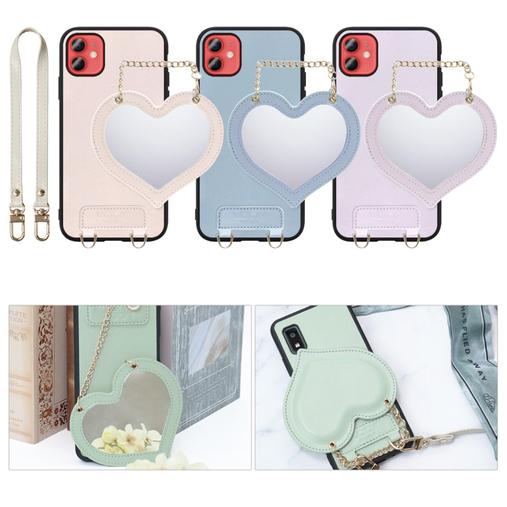 [ LOOF CHARM-SHELL Series ] iPhone 12 mini iphone12mini 12mini 12ミニ スマホケース  ハートのミラーチャーム付き シンプル 背面カバー スマホケース ストラップ付 本革 [ iPhone 12 mini ]