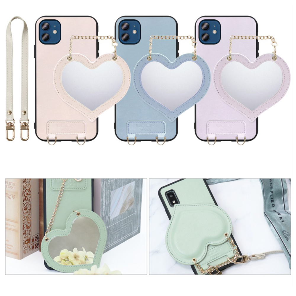 [ LOOF CHARM-SHELL Series ] iPhone 12 / 12 Pro iphone12 iphone12pro 12pro 12プロ スマホケース  ハートのミラーチャーム付き シンプル 背面カバー スマホケース ストラップ付 本革 [ iPhone 12 / 12 Pro ]