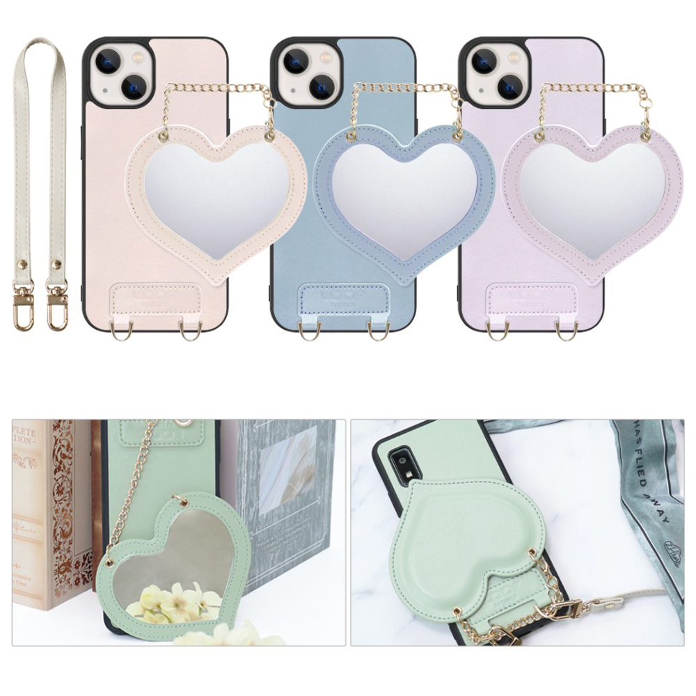 [ LOOF CHARM-SHELL Series ] iPhone 13 mini iphone13mini 13mini ミニ スマホケース  ハートのミラーチャーム付き シンプル 背面カバー スマホケース ストラップ付 本革 [ iPhone 13 mini ]