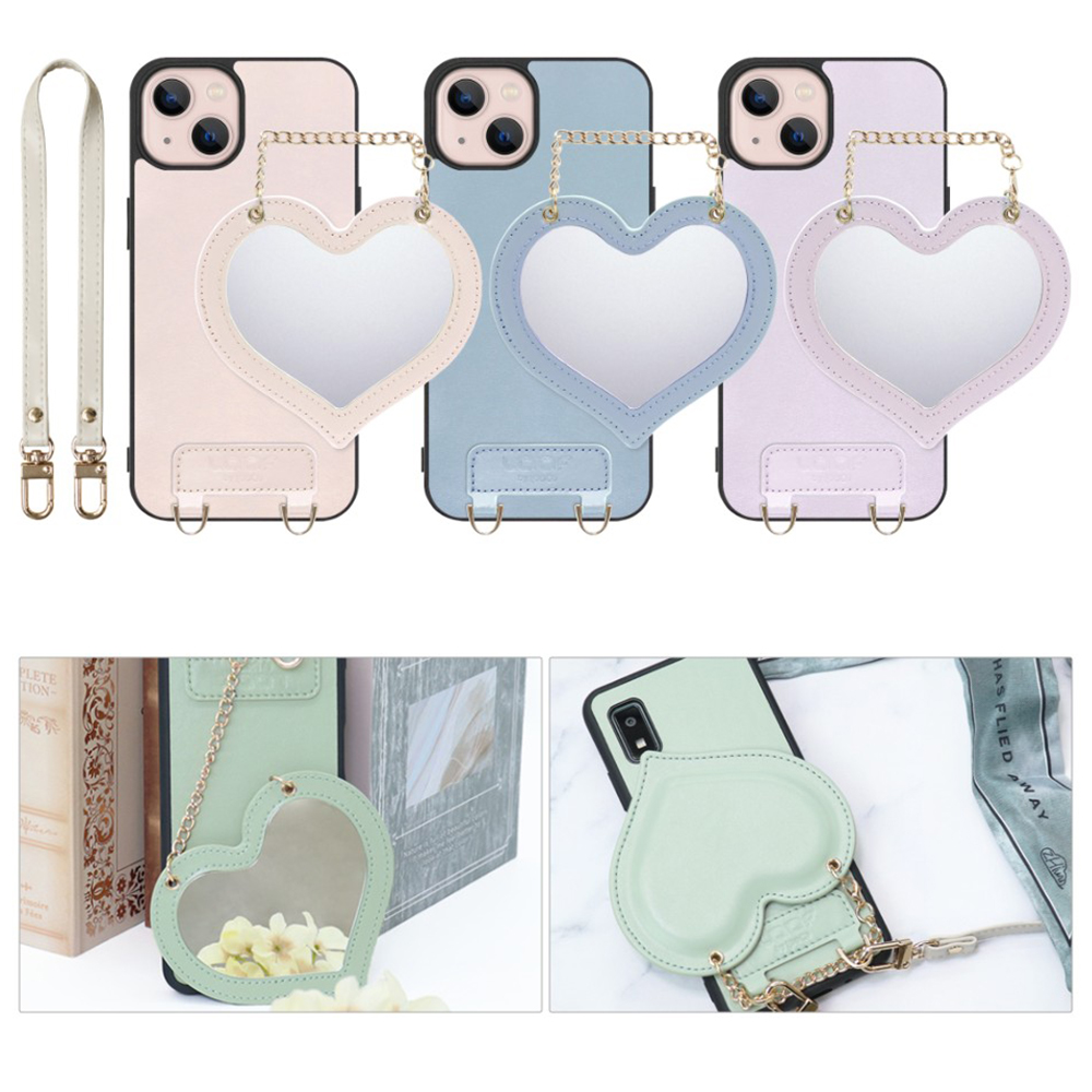 [ LOOF CHARM-SHELL Series ] iPhone 13 iphone13 スマホケース  ハートのミラーチャーム付き シンプル 背面カバー スマホケース ストラップ付 本革 [ iPhone 13 ]