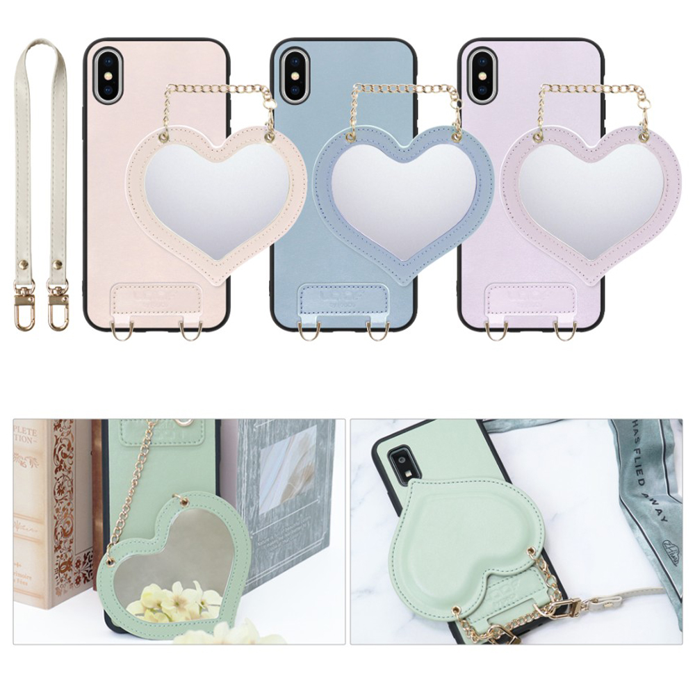 [ LOOF CHARM-SHELL Series ] iPhone X / XS iPhonex iPhonexs スマホケース  ハートのミラーチャーム付き シンプル 背面カバー スマホケース ストラップ付 本革 [ iPhone X / XS ]