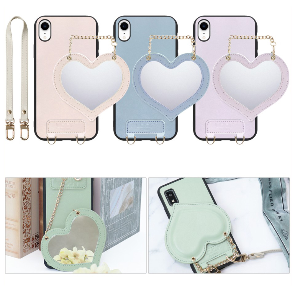 [ LOOF CHARM-SHELL Series ] iPhone XR iPhonexr スマホケース  ハートのミラーチャーム付き シンプル 背面カバー スマホケース ストラップ付 本革 [ iPhone XR ]