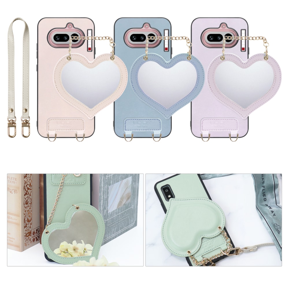 [ LOOF CHARM-SHELL ] Nothing Phone (4a) A069 スマホケース  ハートのミラーチャーム付き シンプル 背面カバー スマホケース ストラップ付 本革 [ Nothing Phone (4a) ]